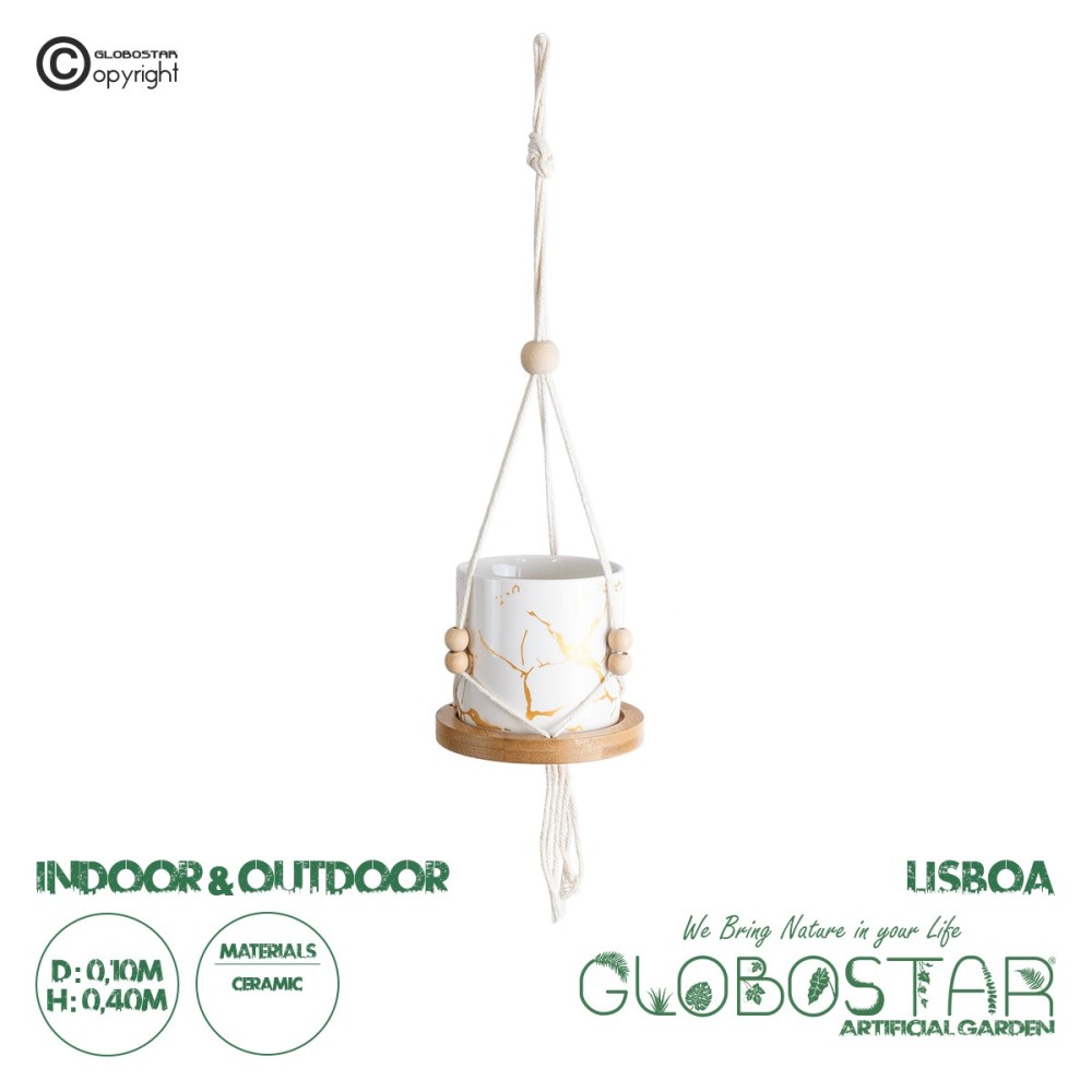 GloboStar® Artificial Garden USBOA 20545 Κρεμαστό Διακοσμητικό Κεραμικό Κασπώ Γλάστρα - Flower Pot Λευκό με Χρυσές Λεπτομέρειες και Μπεζ Ξύλινη Βάση Φ10 x Υ40cm